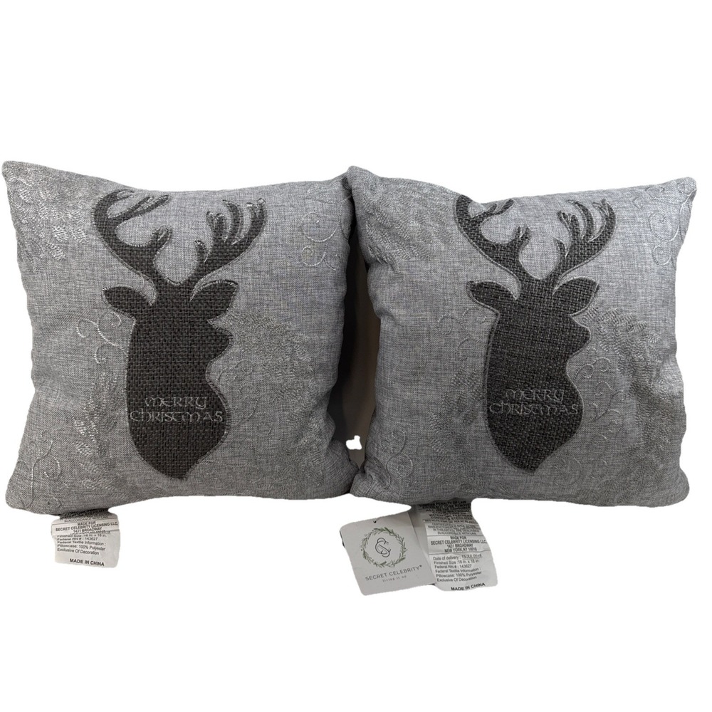 2-Secret‎ Celebrity Merry Christmas Gray Deer Embroidered Throw Pillows NWT